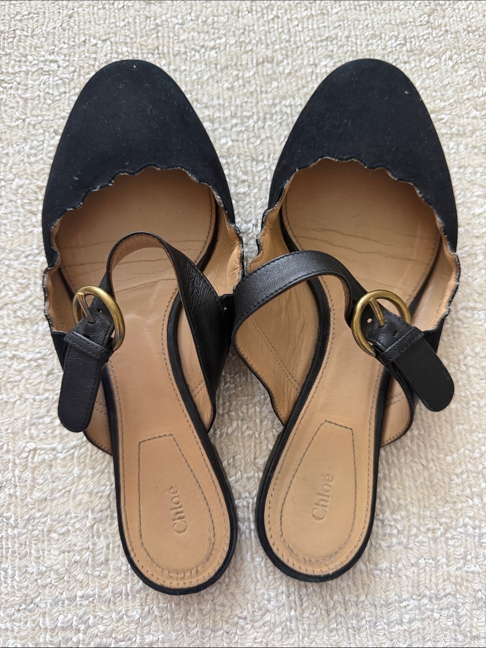 Chloe Black Scalloped Flats with Buckle Strap - size 7 - Picture 6 of 9